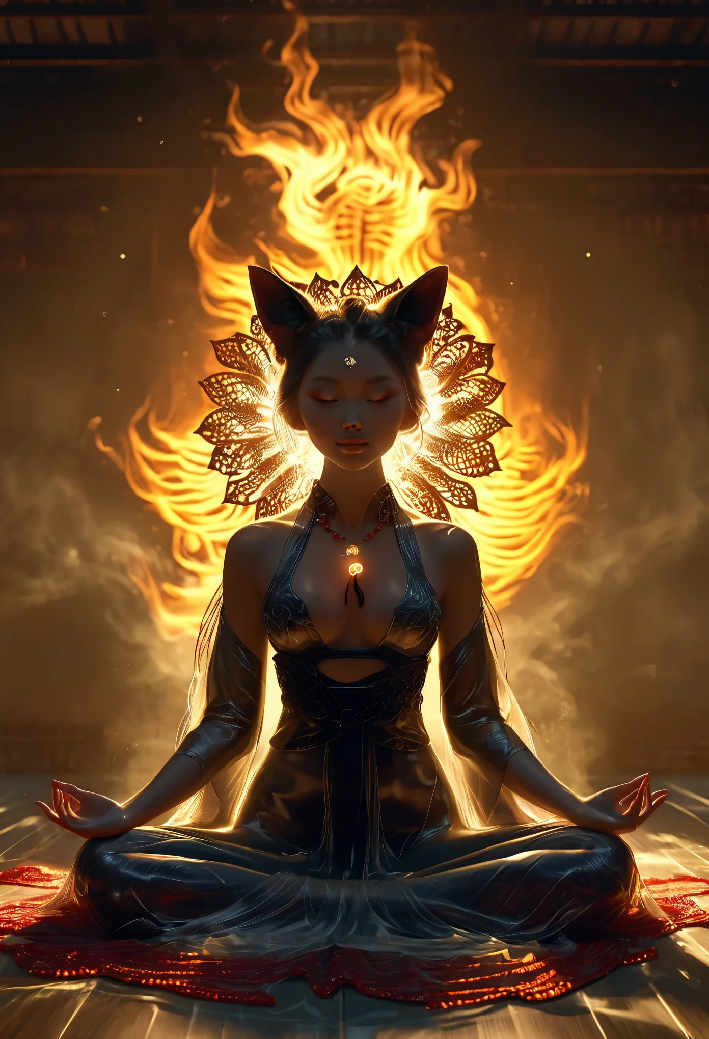 fullbody Photography of lotus pose girl,greetomically correct,Raw, cinematic shot, (sharp focus:1.5), (photorealistic:1.4), twilight lighting, volumetric lighting, ultra high res, 16K,dramatic lighting, abstract backgrounds:1.5)(zentangle,datura,Tangles,entangled:0.7)Kitsune witch,kitsune mask,Haori jacket, foxfire spell, fox family, transformation, depth of field, Fantastical Atmosphere, The most beautiful form of chaos, ellegance, Dark theme of Fauvist design, Flower of Death, Flowers of ecstasy,Glowing Line,Glow Example,Tracking example,flash, Backlight,translucent,light particles,xianxia
