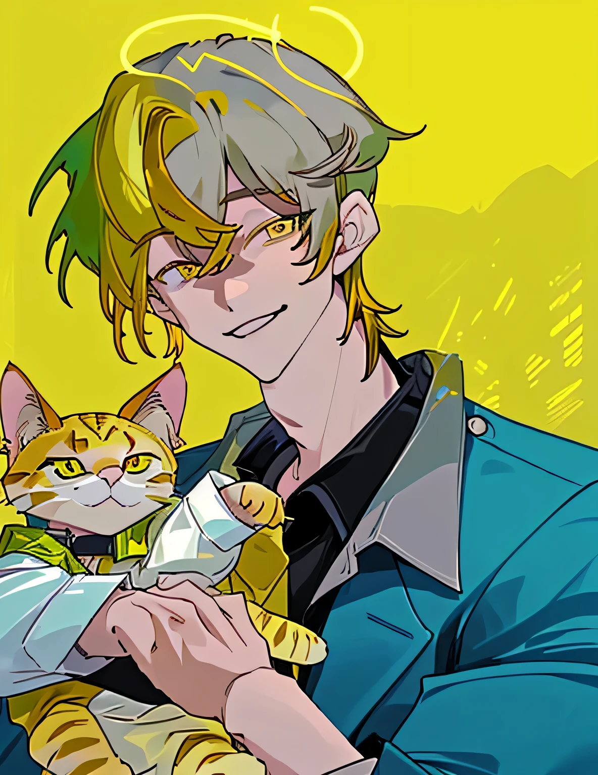 One man with a yellow cat with greenish-yellow eyes, city, smile, cool hair, handsome