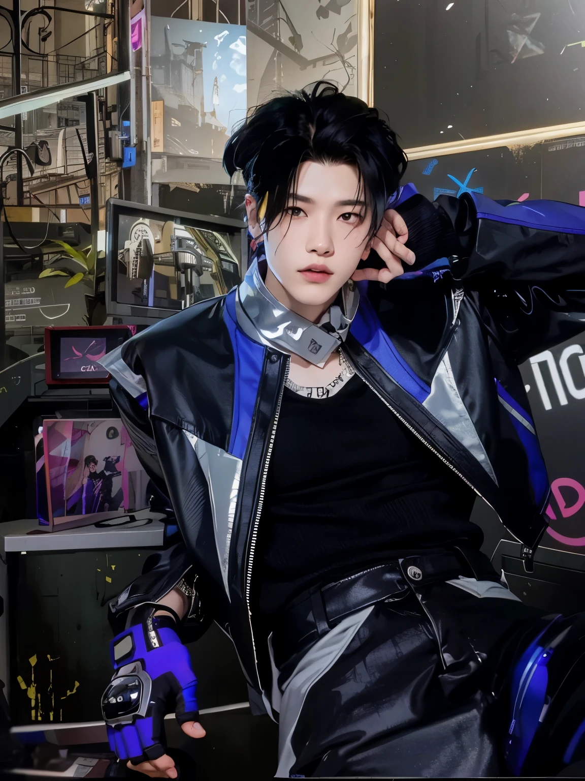 Hermosa piel detallada, cuerpo detallado, hermoso cabello detallado, arafed male in a black and blue jacket and black pants, cai xukun, wearing cyberpunk leather jacket, wearing cyberpunk streetwear, cyber universe style, inspired by Zhang Han, cyberpunk streetwear, xqc, cyber punk setting, bladee from drain gang, sakimichan, sakimichan frank franzzeta, kda