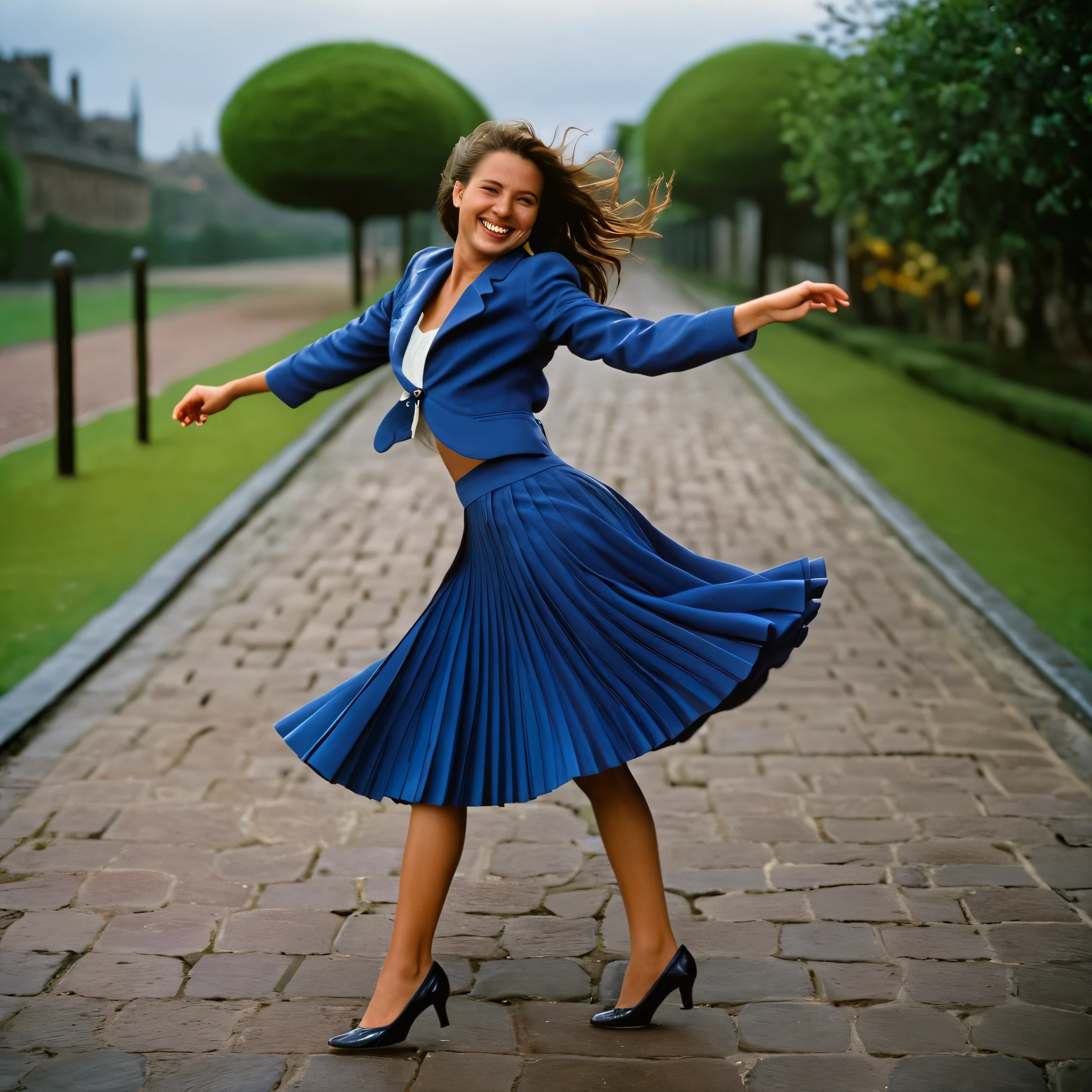 A smiling, authentic, (shy:1,3), kind, beautiful woman, is passionately in love with her skirt, dancing while wind lifts her skirt, wearing short blazer and very, very detailed (long (fully pleated) full circle skirt) and (low heeled court shoes), very, very intricate hyper-detailed symmetric (attractive graceful young feminine face) with (sad, tired eyes and a loving smile), very voluptuous breasts, full of empathy and compassion and love, (pronounced (feminine) features), (highly detailed ultra accurate realistic) hands and fingers, (windy), epic composition, highly detailed attributes, (35mm f1.4 Kodak portra 400 photograph), extremely high quality RAW photograph, highly detailed atmosphere, cinematic shot, dynamic lighting, 75mm, Technicolor, Panavision, cinemascope, sharp focus, fine details, 8k, HDR, realism, realistic, key visual, film still, superb cinematic color grading, depth of field