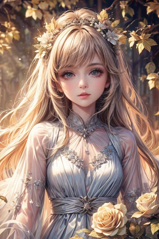 (highest quality,8k,CG),Upper body details,Lonely Girl,Floral Dress,Forest Background,Detailed facial features,Elegant long hair,Almond-shaped eyes,Detailed eye makeup,Long, fluttering eyelashes,Blinking big eyes,Twinkling Star,Intricate lip detail,Soft style