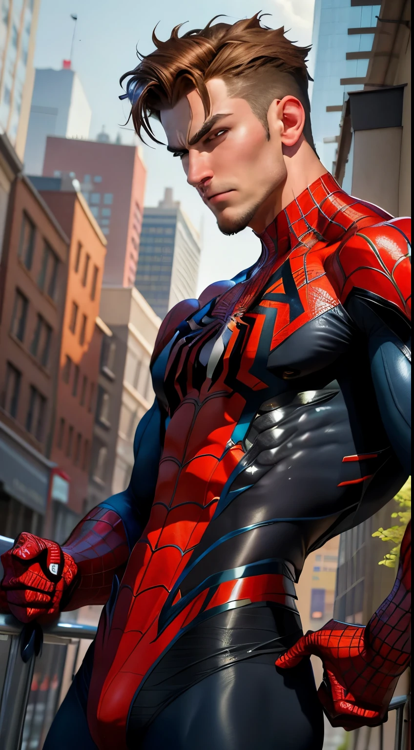 raw photo, Handsome guy ,detailed body contours with Spider-Man cosplay, very large bulge in the groin, big