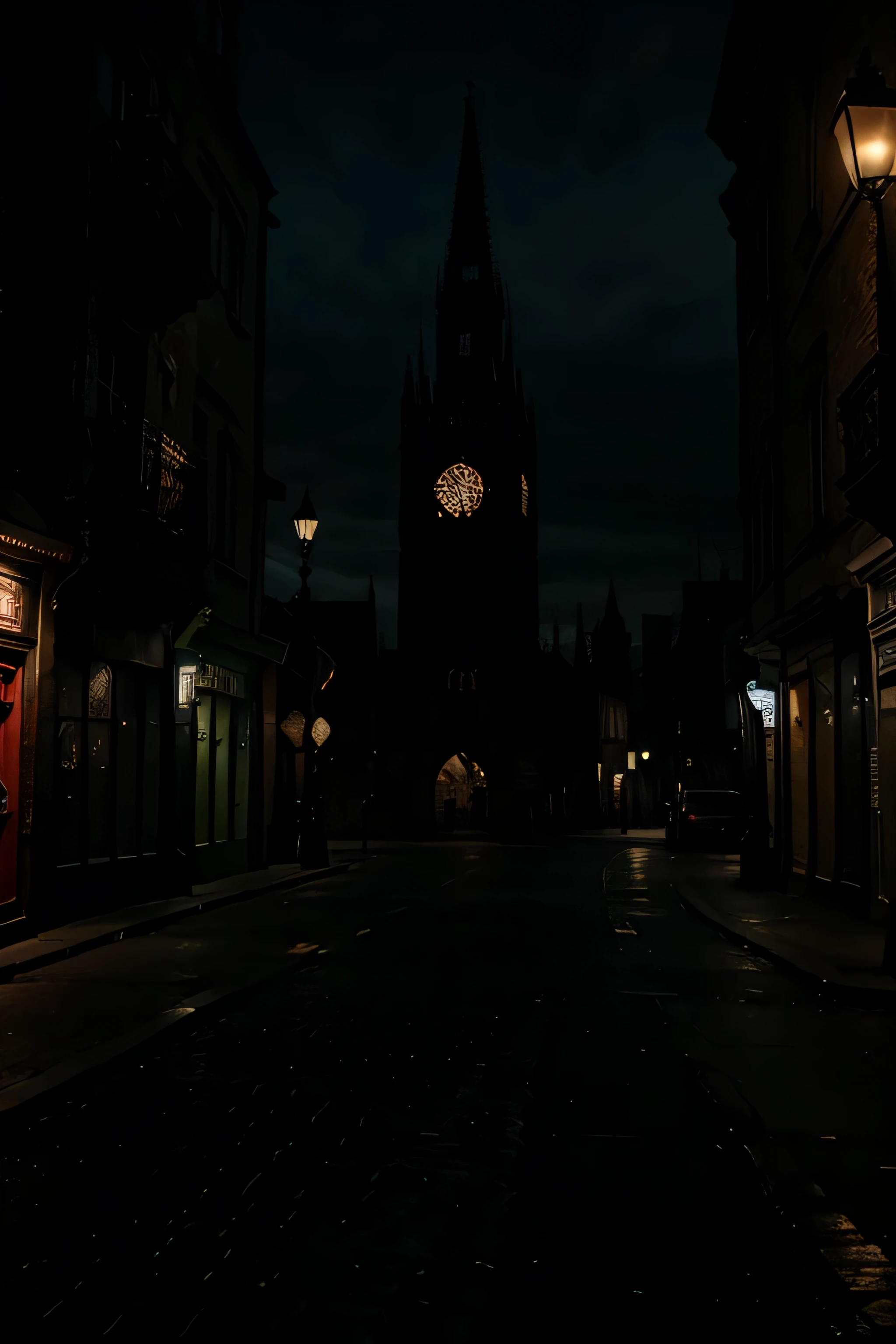 A dark gothic city at night