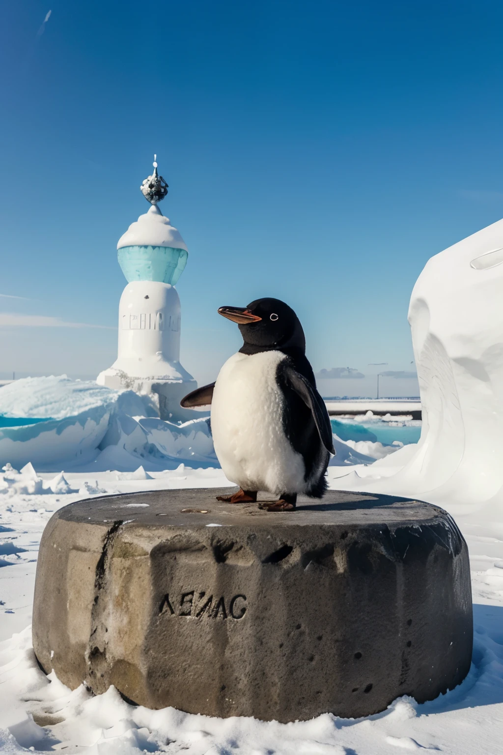 Erstelle ein niedlichen Pinguin auf einem Eisberg in Comic stil, with a large inscription in one line : „1/2 B“
