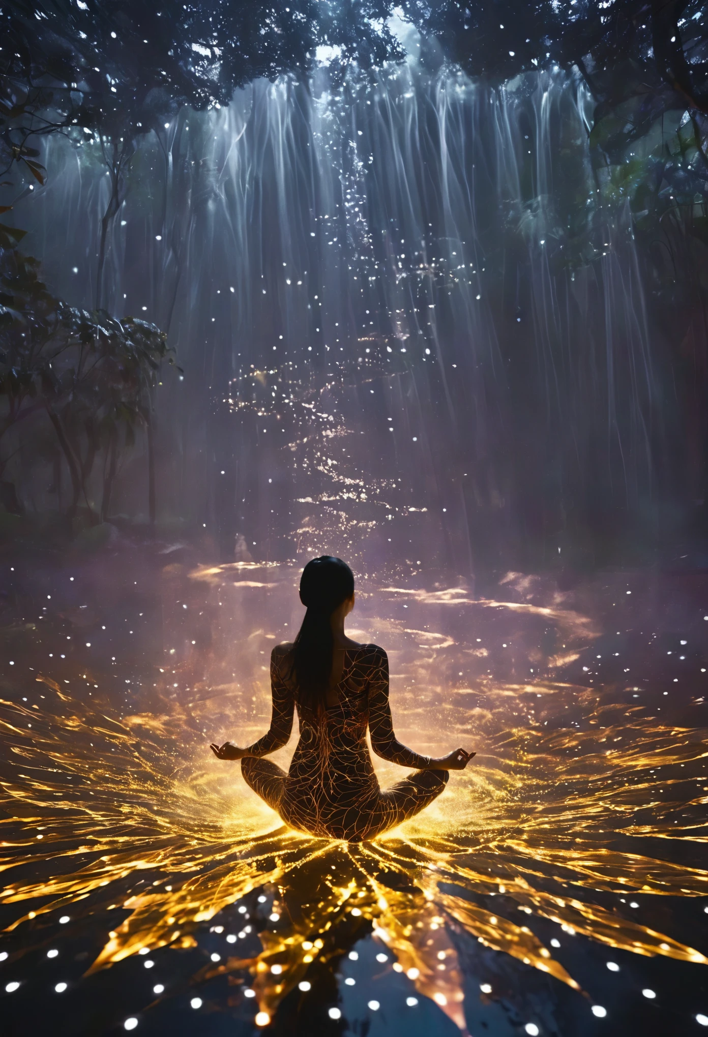 fullbody Photography of lotus pose girl，Raw, cinematic shot, (sharp focus:1.5), (photorealistic:1.4), twilight lighting, volumetric lighting, ultra high res, 16K,dramatic lighting, abstract backgrounds：1.5）（zentangle，datura，Tangles，entangled：0.7）Kitsune witch，kitsune mask，Haori jacket, foxfire spell, fox family, transformation, depth of field, Fantastical Atmosphere, The most beautiful form of chaos, ellegance, Dark theme of Fauvist design, Flower of Death, Flowers of ecstasy，Glowing Line,Glow Example，Tracking example，flash， Backlight，translucent，light particles