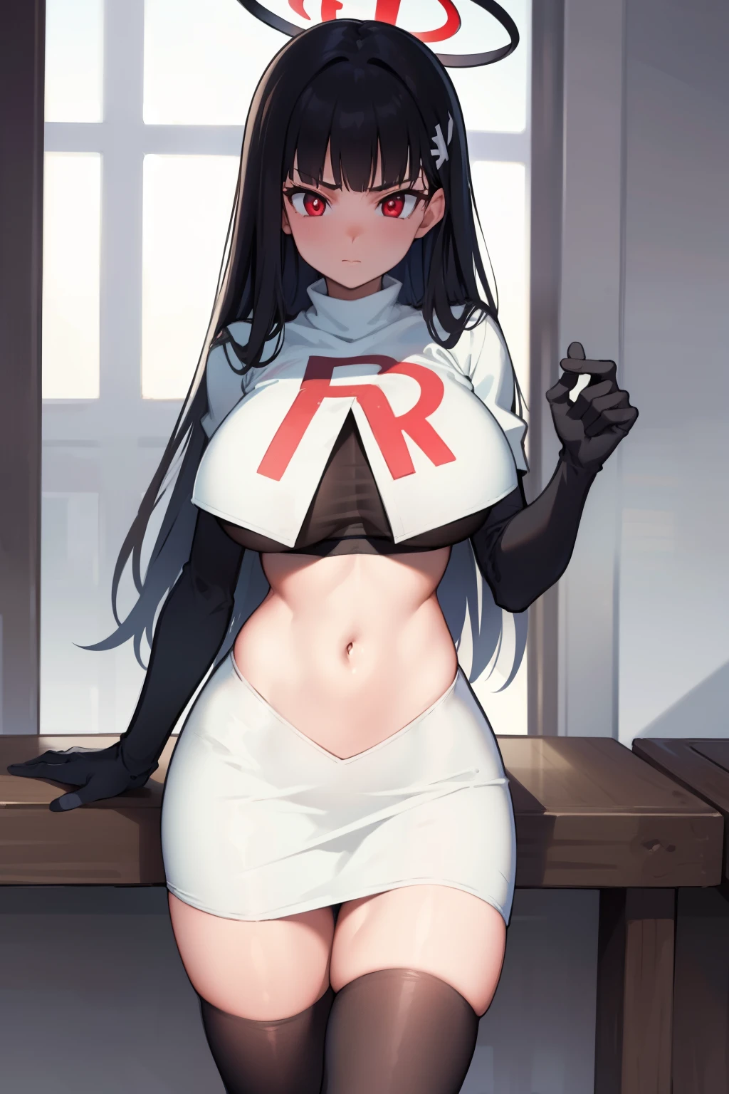 Rio, blue archive, black hair, halo halo, red eyes, face focus, mature female, large breast, head focus,team rocket,team rocket uniform,white skirt,red letter R,crop top,black thigh-highs,black elbow gloves