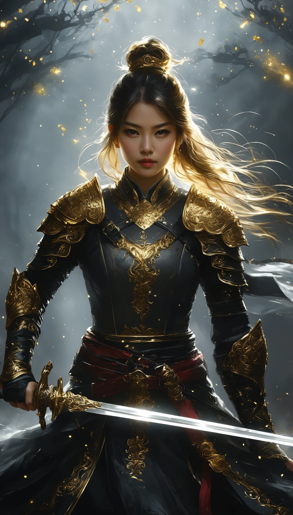 Gold Wire Wrapping Crafts， 1 girl,  whole body, Start-up.Female swordsman， Hold the hilt of the sword，Under the spotlight of the dark secret realm，Black fog all around