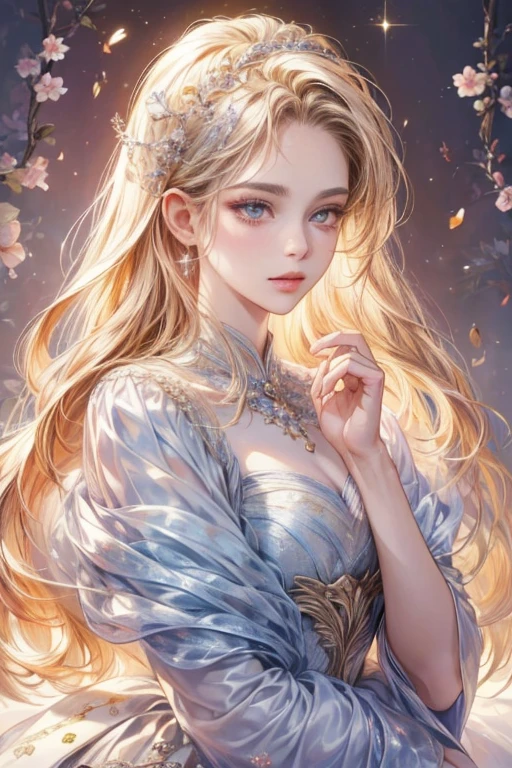(highest quality:1.4,masterpiece:1.4),Ultra-high resolution,8k,CG,Exquisite,Upper Body,,Thumb Girl,Little Princess,Taffeta coat dress,Floral Background,Detailed facial features,Long flowing hair,Almond-shaped eyes,Elaborate eye makeup,Long eyelashes fluttering,Sparkling eyes and starry gaze,Delicate lip detail,Soft and harmonious style.