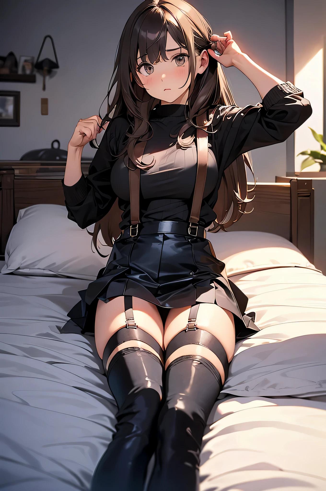 Brown hair、watching at viewers black suspenders Bulging big breasts walls: Black miniskirt garters Gaze Small face bangss holster Beautuful Women hands up leg holster lying on bed Gaze black boots panty shot provocation flank flank sweat soio arm