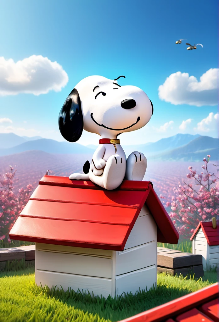 #quality(8k,wallpaper of extremely detailed CG unit, ​masterpiece,hight resolution,top-quality,top-quality real texture skin,hyper realisitic,increase the resolution,RAW photos,best qualtiy,highly detailed,the wallpaper,cinematic,golden ratio), BREAK ,(snoopy\(peanuts\) is sitting on the roof of the doghouse:2.0),#1boy(snoopy\(peanuts\),white,black ears,black muzzle,red collar,),#doghouse(white,roof is red,),#background(grassfield),from side