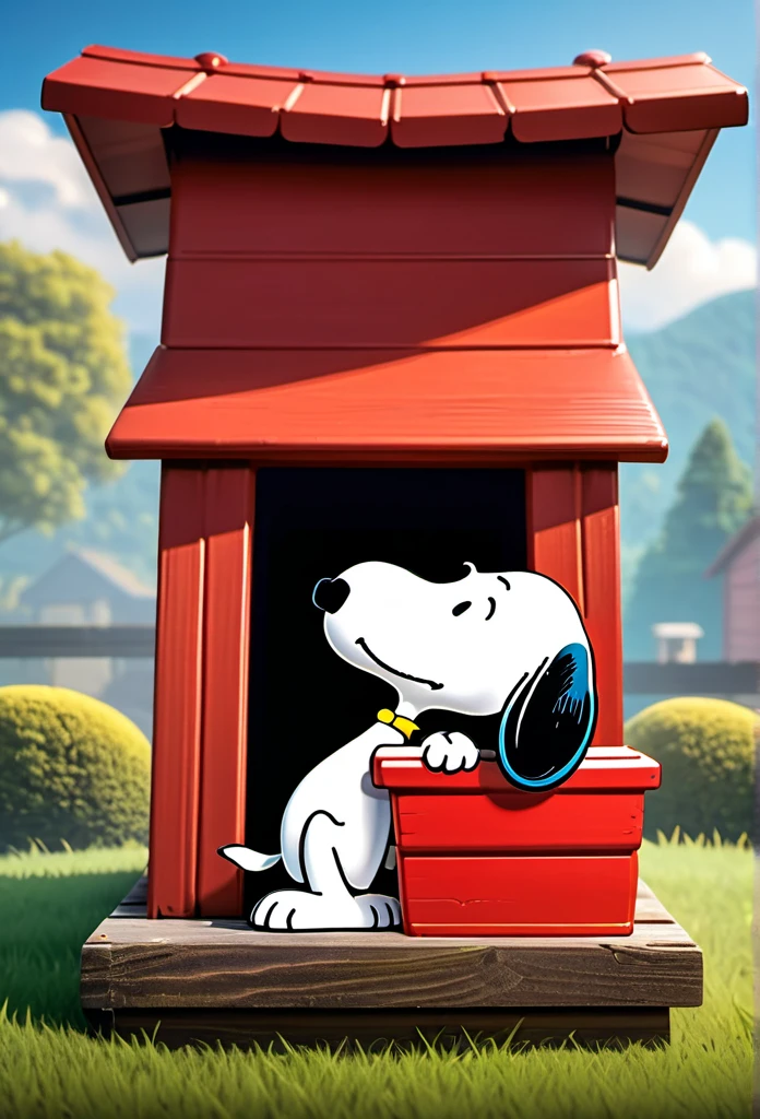 #quality(8k,wallpaper of extremely detailed CG unit, ​masterpiece,hight resolution,top-quality,top-quality real texture skin,hyper realisitic,increase the resolution,RAW photos,best qualtiy,highly detailed,the wallpaper,cinematic,golden ratio), BREAK ,(snoopy\(peanuts\) is sitting on the roof of the doghouse:2.0),#1boy(snoopy\(peanuts\),white,black ears,black muzzle,red collar,),#doghouse(white,roof is red,),#background(grassfield),from side