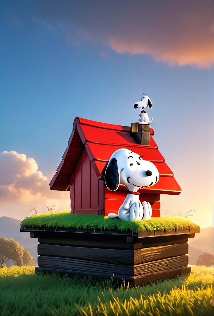 #quality(8k,wallpaper of extremely detailed CG unit, ​masterpiece,hight resolution,top-quality,top-quality real texture skin,hyper realisitic,increase the resolution,RAW photos,best qualtiy,highly detailed,the wallpaper,cinematic,golden ratio), BREAK ,(snoopy\(peanuts\) is sitting on the roof of the doghouse:2.0),#1boy(snoopy\(peanuts\),white,black ears,black muzzle,red collar,),#doghouse(white,roof is red,),#background(grassfield),from side