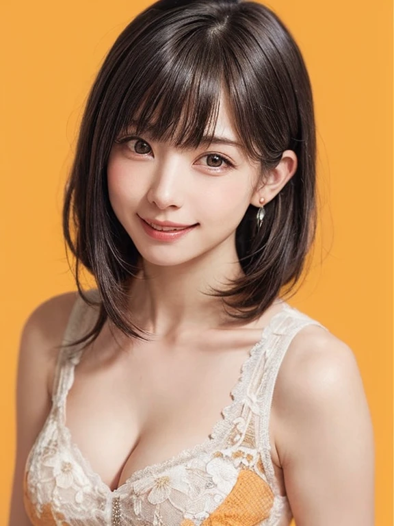 (software:1.8、masterpiece, highest quality),1 girl, ((full body)),alone, have, Realistic, Realistic, Looking at the audience, Light brown eyes, Brunette short bob hair with highly detailed shiny hair, short hair:1.8、Beautiful face in symmetry、Spring Clothes:1.6, Whity, lips, bangs, Outdoor, Mouth closed, Upper Body、Big eyes、eyelash、((Very simple light orange background:1.8))、(((bangsのあるshort hair、Big eyes、big and full 胸、Looking at the audience、Beautiful beauty、show me your ears、Long neck、smile、please close your mouth and smile)))、ideal body shape、((({Huge|big|Huge|Mega} Chest 2, Cleavage:2、happy smile、Beautiful Teeth、)))