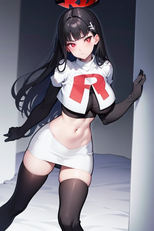 Rio, blue archive, black hair, halo halo, red eyes, face focus, mature female, large breast, head focus,team rocket,team rocket uniform,white skirt,red letter R,crop top,black thigh-highs,black elbow gloves