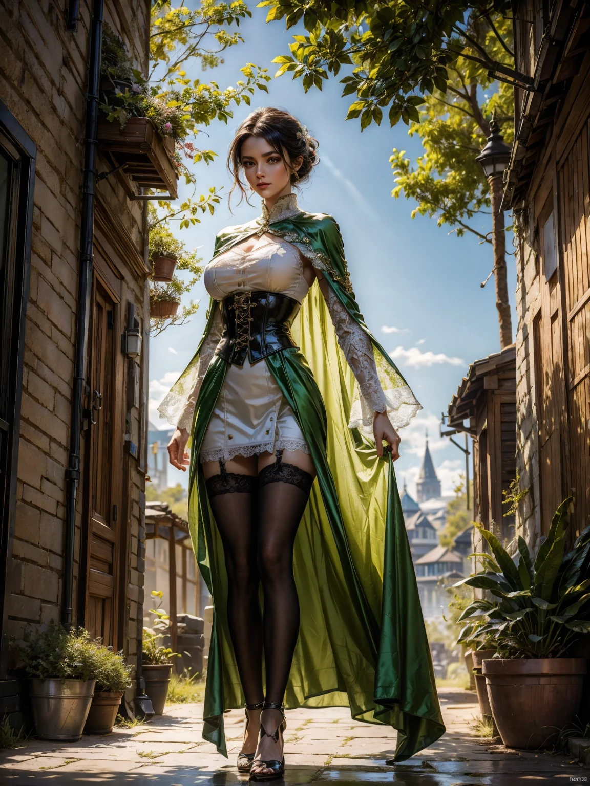 ((show full body from head to toe, standing, body facing to the viewer (show front body)). Tall body, fit body, slender body, medium breast. A female wizard wearing green and white clothes, long sleeves(lace sleeves), skirts, cloak, robes, cape, gloves, stockings, show heels. short hair with updo. Masterpiece:1.5, illustration:1.1, best quality:1.5, fine detail, 4k, HDR, balance focused camera view, middle camera view, vertical scape camera, natural lighting, bright lighting, sunlight, sharp focus, smooth detail, HDR. Outdoor at a town