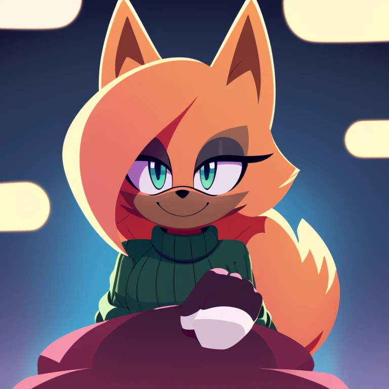 score_9, score_8_up, 1girl, solo, Whisper the wolf, eyes open, closed mouth, smile, sweater, looking at viewer, pov, pov hug, lineless style, 2D