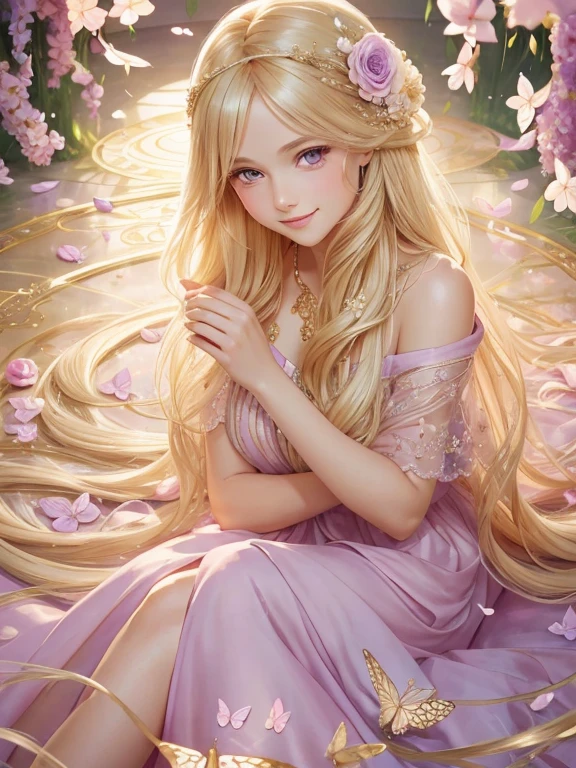 (highest quality, distinct_image) Best quality, feat feat of women, high detail, realistic realism, (subject: girl's standing painting), blonde hair, shimmering purple eyes, wearing pink princess dress, golden crystal glass shoes on her feet, 15 years old, in a magnificent golden castle, surrounded by flowers and falling petals, smiling and pinning hair behind her ears, delicate facial features. (Element: Standing painting). --auto --s2