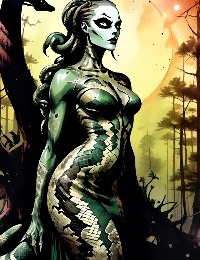 Medusa, splash page decompressed comic cover art, ink style figure,((expressive Joelle Jones and "Sean Gordon Murphy" comic drawing)), wordless, cinematic poster, double exposure, optical illusion, image within image, abyss void black no visibility darkness, full length portrait, (background, pine barrens, entropy, rewilding, magic hour sunset, galaxy stars, cosmos), (horror, abstract, surreal, body, cosmic), candid, snake skin dress, body anatomy drawn Frederic Delavier musculature anatomical illustration, (face, ornate black metal paint, resembles Grace Jones), (body, Naga, snakefolk, lower body snake tail, snake woman hybrid, bald, hairless, skeleton, snake skin tattoos, piercing eyes, snake pupils, over the shoulder), (colors, bleak muted deep fiery radiant glowing ROYGBIV, forest green, earth brown), craftsmanship nuance, (Gerardo Zaffino charcoal), subliminal orchids, nyctophobia, silhouette