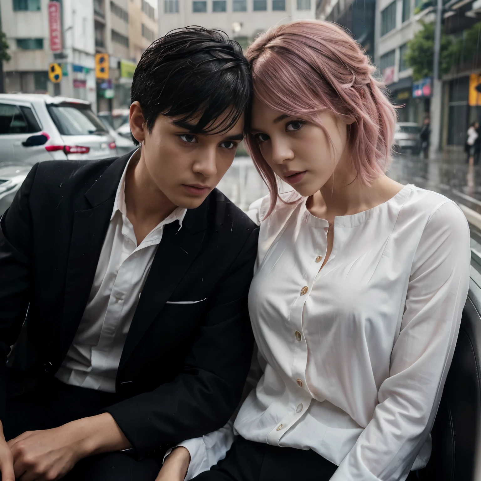 Masterpiece, best quality, super detailed, illustration, beautiful detailed eyes, close up, with a boy and a girl. It was pink hair, white pleated shirt, cracked button on the chest, skirt. The boy is black hair, black suit, black pants. Boys and girls romance in car, heavy rain weather