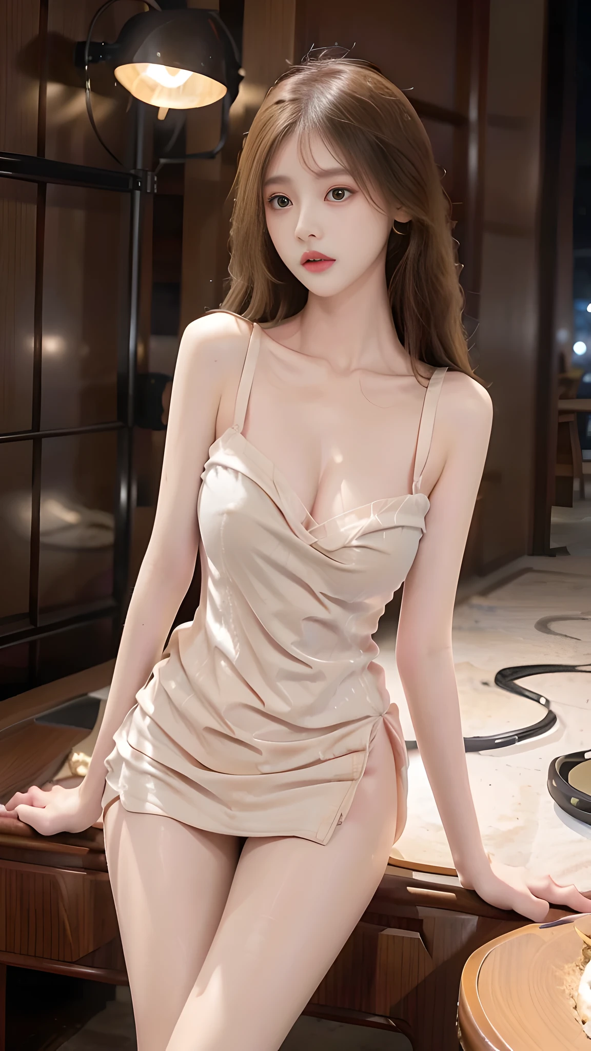 full hd 8k, Girl standing in front of a dark night scene, full moonlight reflecting on her beautiful face. Her long, silky hair was gently blown by the night wind, creating a gentle and romantic feeling. Next to her is a luxury car, showing her success and class. She looked up at the starry sky, as if searching for something, her eyes showed contemplation and loneliness. The full moon shines in the night sky creating a beautiful scene. The girl has long, silky hair, creating a luxurious and noble beauty. The moonlight shines on the girl's delicate face, highlighting her large, round light brown eyes, creating a natural, gentle beauty. She wore a shirt and short jeans, short jeans, showing off her seductive and luxurious beauty. Her plumble breasts were exposed, revealing her plumble and extremely sexy breasts. These images capture detailed panoramic portraits and views of the sky and cars. All create a beautiful, wonderful picture that makes people unable to take their eyes off the scene. All these details are described clearly and sharply,