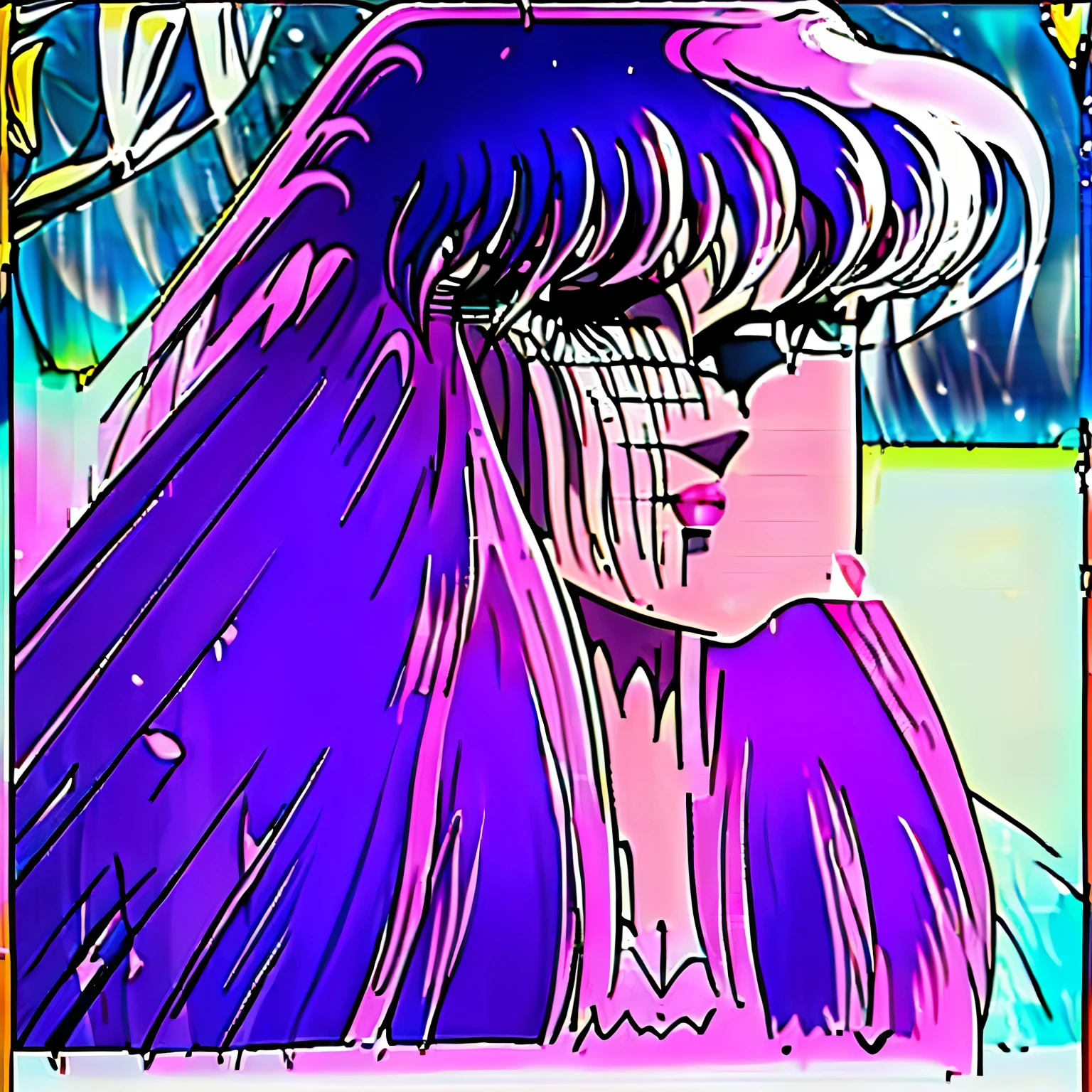1980s \(style\), retro artstyle,
masterpiece, best quality, highres,
shingoaraki-style-smf,
1 chica, sola, cabello largo con fleco, cabello morado, vestido blanco, vestido de princesa, ojos azules, mirada tierna,
Pechos medianos, corte de escote v, labios rosa, de lejos, edad 18
stars, starry night,