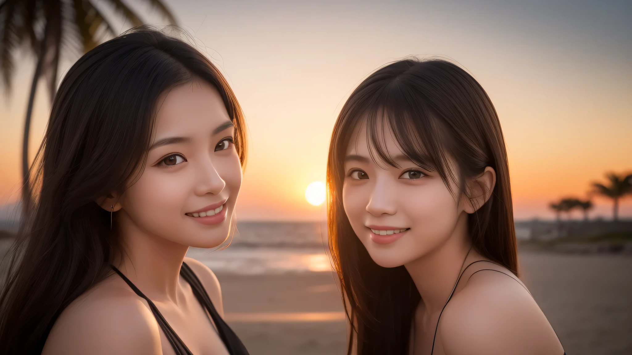 (2girl), enchanting smile, (extremely detailed beautiful face), (highly detailed eyes, highly detailed face), (bikini), Fresh, very clean appearance, (best Quality:1.4), (hyper-realistic, hight resolution), Professional Photography, beach, palm trees, standing, Outdoors, (beach), beautiful sunset sky, backlit, silhouette, (Evening sky dyed red:1.4), Close up portrait of girl, staring at me,