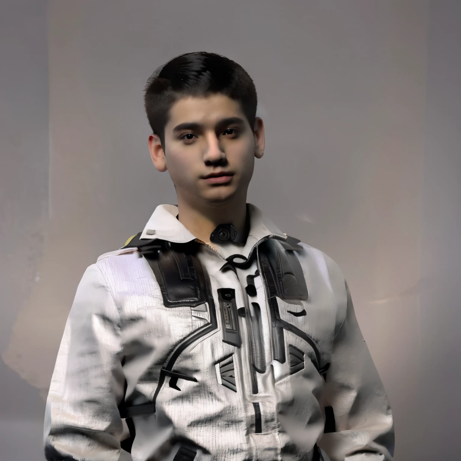 A young man in technological clothing, frente a  