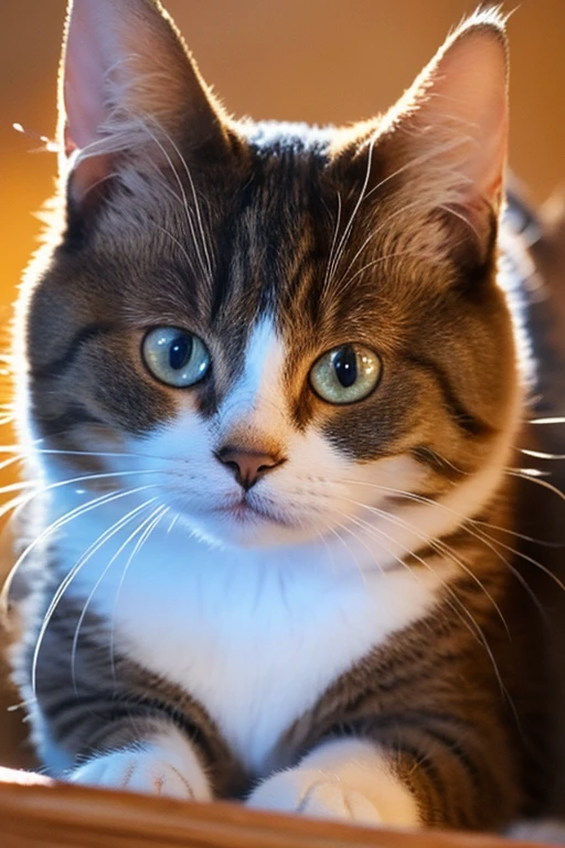 highest quality, masterpiece, Ultra-high resolution, (Realistic: 1.4), bushy cat, Close-up of face, cute, soft, Warm