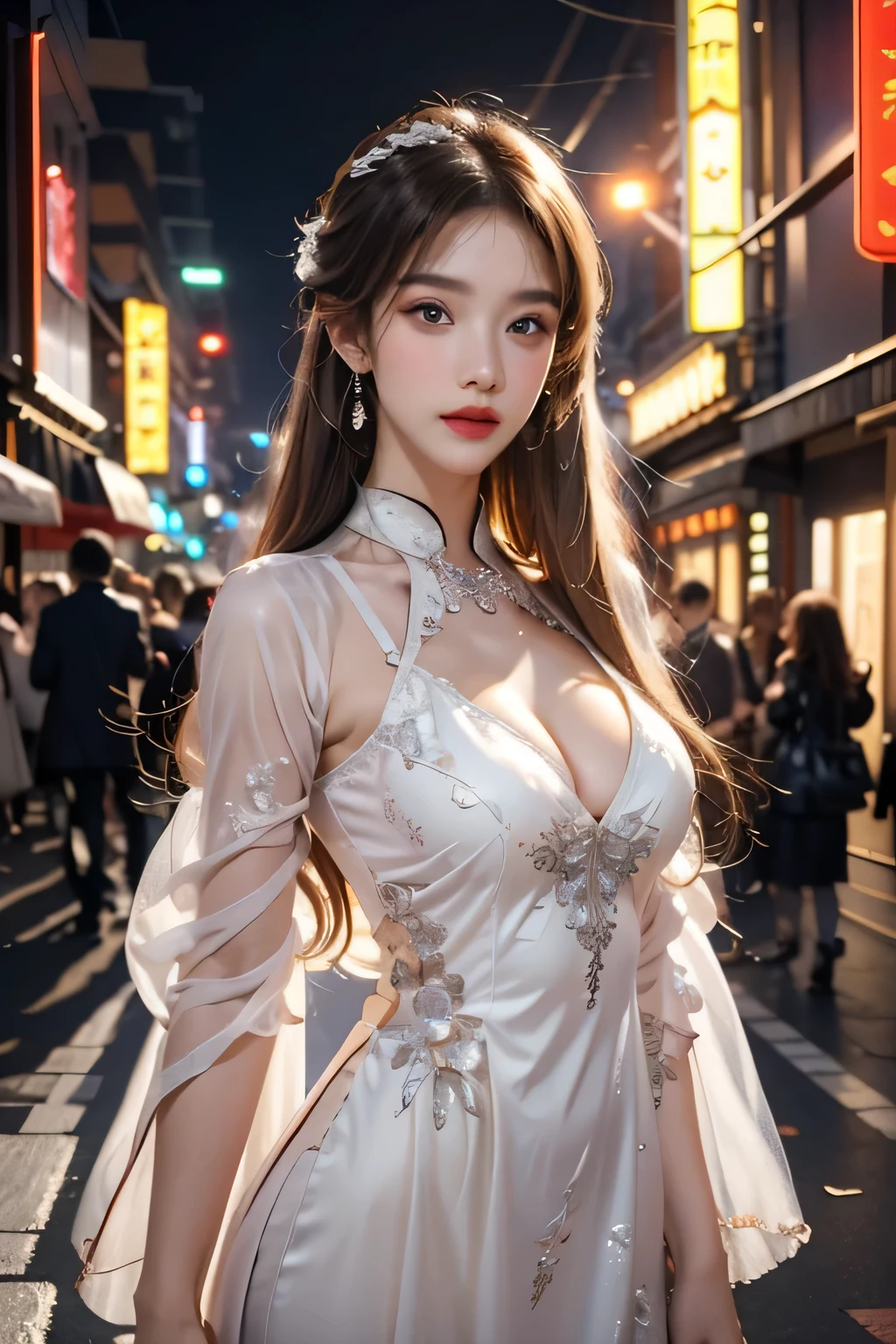High-quality work,Realistic works,Super premium graphics,8K HD CG works,high quality graphics,High-definition and exquisite CG works,10x pixels,Ultra-fine details:1.1,Advanced technical details:1.1Realistic photo effects,Interior lighting effects:1.5,natural soft light:1.5. Light effect(Virtual light effects:1.8),ultra high resolution,shining dress,sliver long hair,silber hair,transparenthair,high detailed hair(Quality hair details:1.1)Clear eyes,Double eyelids look good,Sharp eye makeup, Create exquisite eyelash makeup, tthin eyebrows, Ultra-detailed eyes,a tall nose, lovely red lips, rosey cheeks, With delicate makeup on her face , pretty face, The face shape is perfectly proportioned,(Advanced facial details:1.1)1 girl, Chinese_clothes, liquid silver and orange, cyberhan, cheongsam, cyberpunk city, dynamic pose, detailed luminous headphones, glowing hair accessories, long hair, glowing earrings, glowing necklace, cyberpunk, high-tech city, full of mechanical and futuristic elements, futuristic, technology, glowing neon, orange, orange light, transparent tulle, transparent streamers, laser, digital background urban sky, big moon, with vehicles, best quality, masterpiece, 8K, character edge light, Super high detail, high quality, the most beautiful woman in human beings, micro smile, face facing front and left and right symmetry, ear decoration, beautiful pupils, light effects, visual data, silver white hair, super detail facial texture,Women's artwork,Dress full body video,Realism,Amazing Cleavage,My eyes are very bright today