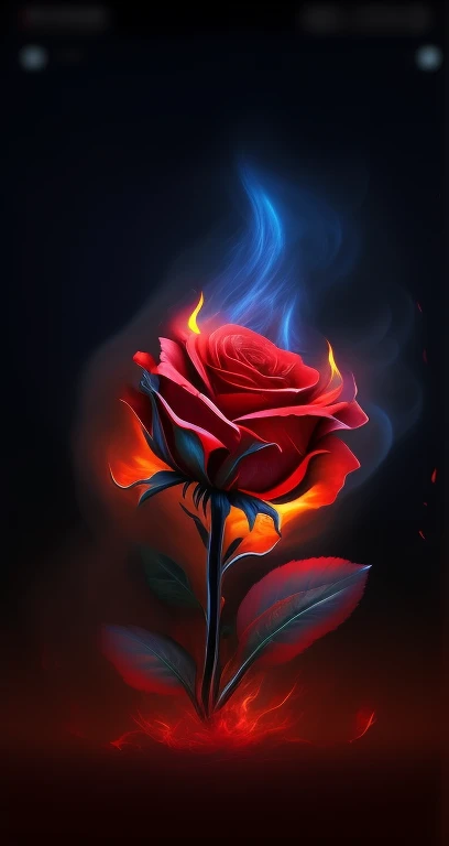 A red rose,There are flames and smoke on it, holy flame spell, ❤🔥🍄🌪, exploding roses, 8 k highly detailed ❤🔥 🔥 💀 🤖 🚀, 8k highly detailed ❤️🔥 🔥 💀 🤖 🚀, background artwork, Red rose, engulfed in swirling flames, Red neon rose, Stylized digital art, ✏️🎨, on fire