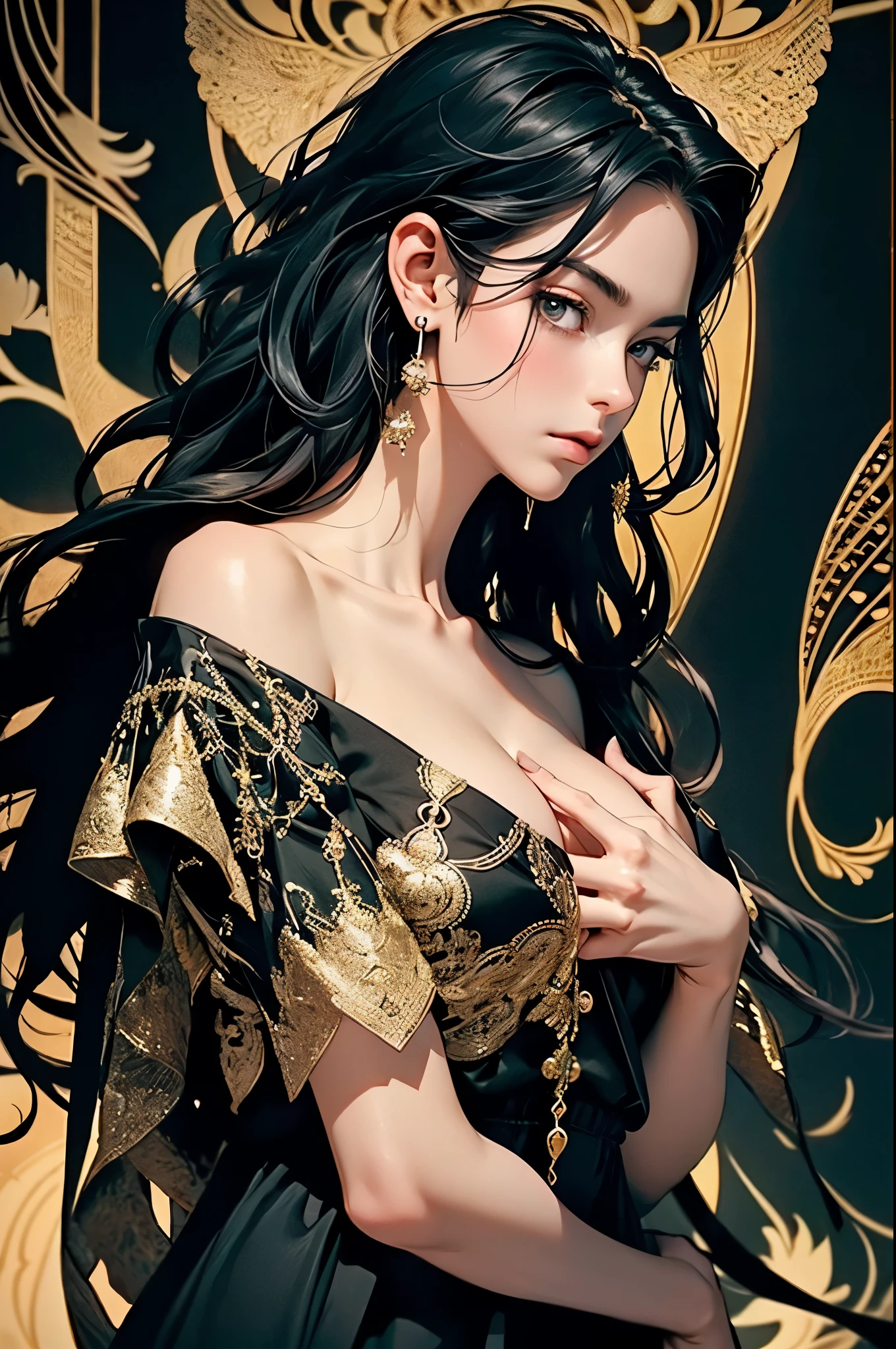 ((best quality)), ((masterpiece)), (detailed), detailed skin, Golden Eyes, Long black hair with thick waves, black silk dress, fluid dynamics, upper body nude, big bust, pink nipples, brilliant golden halo, Her attire combines a rich palette of black and gold, Create a gorgeous and timeless look, Surround her with intricate fractal art patterns that come to life, adding a surreal and otherworldly dimension to her pLipsence, creative, tangled, get caught in, High_Lips, (fractal art:1.1), (black diamond), (black hair), highest detailed, (zentangle:1.2), (dynamic pose), (abstract background:1.3), (earrings:1.4), (Shiny white skin), tiffany blue, (Big breast), (better delicate eyes), (black dress), (model body), (upper body naked nude), ((close-up face)), face looking down, chin raised, arrogant face, haughty, 8K