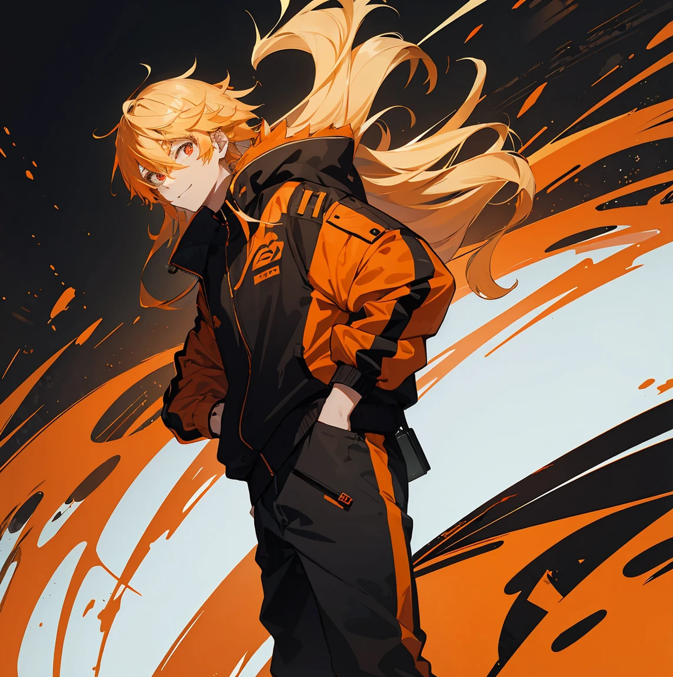 Young male, tannish, lean, Orange and black collard windbreaker, black military pants, black and orange high tops, blonde hair with orange tips, cold red eyes, cocky smile, in dark room alone.