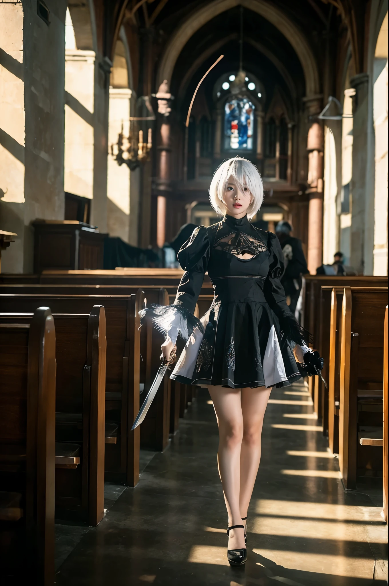 nier:Beautiful cosplay of 2B from Automata、A woman cosplaying as 2B、White skin、tall、21 years old、Englishman、nier:2B&#39;s black costume from Automata、Light background、Fantasyな教会を背景に、Standing tall in the middle of the church、Shooting from a diagonal angle、masterpiece、highest quality、high resolution、Fantasy、Glare、Anime Cosplay Makeup、Real Cosplay Photo、Cool photos、Full body portrait、handsome pose、Wrapped in the pale glow of the morning sun、like、happiness、Kindness、Smoothly rendered