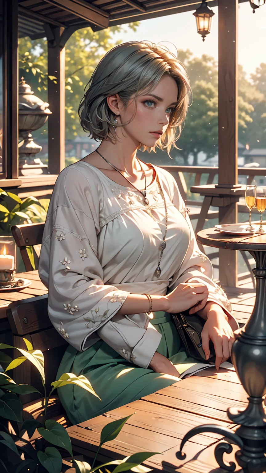 masterpiece, highest quality,Very detailed,Hyper Details, cinematic Light,, One girl, alone, sit, Outdoor, Summer House, sitting in the Summer House,  plant, table, chandelier, Candles, Wind, Green Eyes, pangreen silver hair, short hair, floating hair, Light, Light frown, profile,View your viewers, dynamic_angle