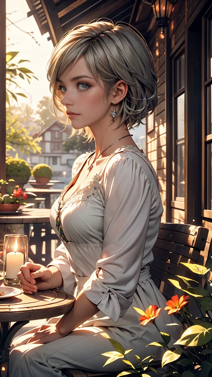 masterpiece, highest quality,Very detailed,Hyper Details, cinematic Light,, One girl, alone, sit, Outdoor, Summer House, sitting in the Summer House,  plant, table, chandelier, Candles, Wind, Green Eyes, pangreen silver hair, short hair, floating hair, Light, Light frown, profile,View your viewers, dynamic_angle