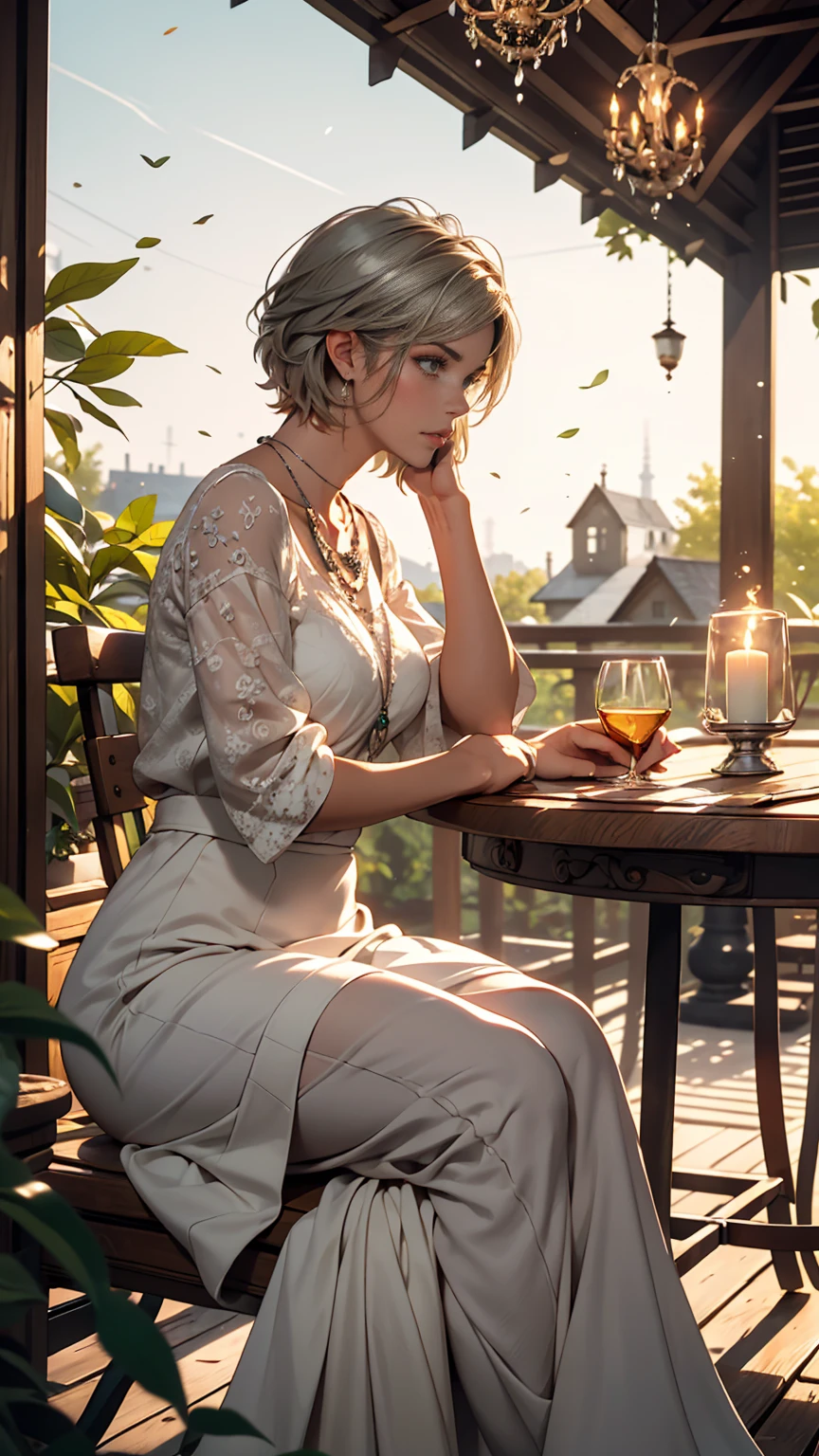 masterpiece, highest quality,Very detailed,Hyper Details, cinematic Light,, One girl, alone, sit, Outdoor, Summer House, sitting in the Summer House, plant, table, chandelier, Candles, Wind, Green Eyes, pangreen silver hair, short hair, floating hair, Light, Light frown, profile,View your viewers, dynamic_angle