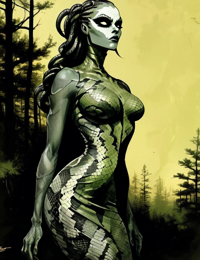 Medusa, splash page decompressed comic cover art, ink style figure,((expressive Joelle Jones and "Sean Gordon Murphy" comic drawing)), wordless, cinematic poster, double exposure, optical illusion, image within image, abyss void black no visibility darkness, full length portrait, (background, pine barrens, entropy, rewilding, magic hour sunset, galaxy stars, cosmos), (horror, abstract, surreal, body, cosmic), candid, snake skin dress, body anatomy drawn Frederic Delavier musculature anatomical illustration, (face, ornate black metal corpse paint, resembles Grace Jones), (body, Naga, snakefolk, lower body snake tail, snake woman hybrid, bald, hairless, skeleton, snake skin tattoos, piercing eyes, snake pupils, over the shoulder), (colors, bleak muted deep fiery radiant glowing ROYGBIV, forest green, earth brown), craftsmanship nuance, (Gerardo Zaffino charcoal), subliminal orchids, nyctophobia, silhouette

