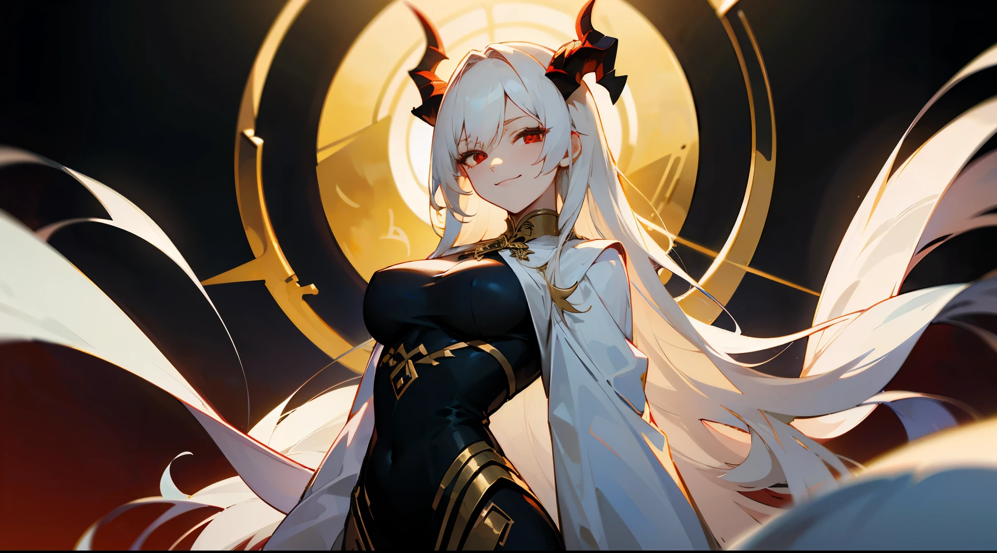 (best quality,highres,masterpiece:1.2),(flatten art:0.75), masterpiece, best quality, 1woman, Anime, darker environment, horns, long straight white hair, golden hair ornaments, white ao dai, red eyes, large breast, enticing gesture, night, dark, looking at viewer, solo, faint moonlight, smirks