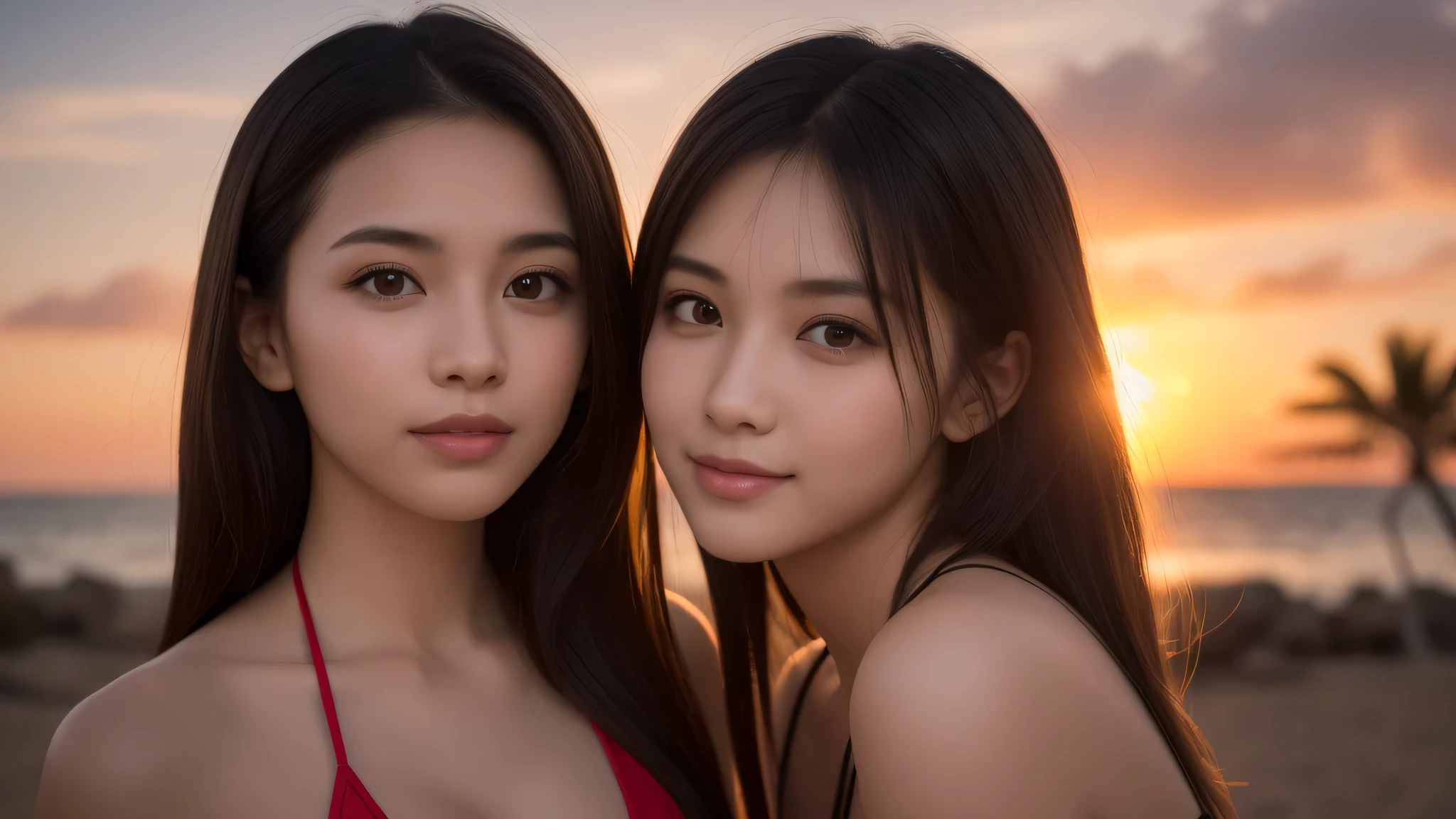 (2girl), enchanting smile, (extremely detailed beautiful face), (highly detailed eyes, highly detailed face), (bikini), Fresh, very clean appearance, (best Quality:1.4), (hyper-realistic, hight resolution), Professional Photography, beach, palm trees, standing, Outdoors, (beach), beautiful sunset sky, backlit, silhouette, (Evening sky dyed red:1.4), Close up portrait of girl, staring at me,
