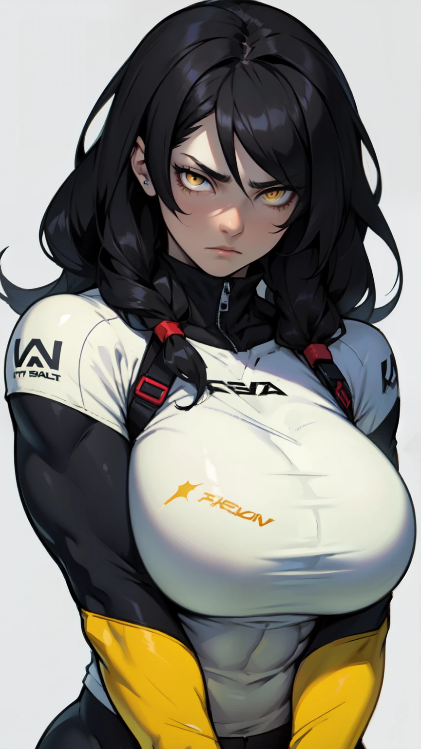 pale girl muscular girl huge breasts black hair yellow eyes expressionless sad