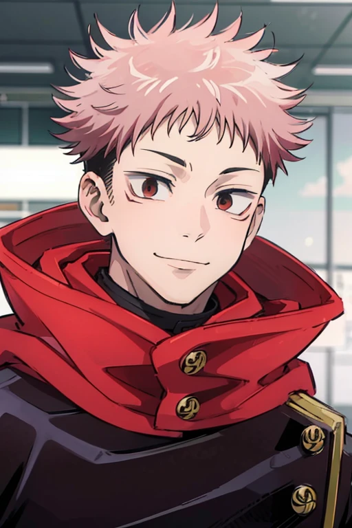 young boy, Smile, Itadori Yuji, uniform jujutsu with Red hood, brown eyes, pink hair, short hair, anime style jujutsu kaisen. 