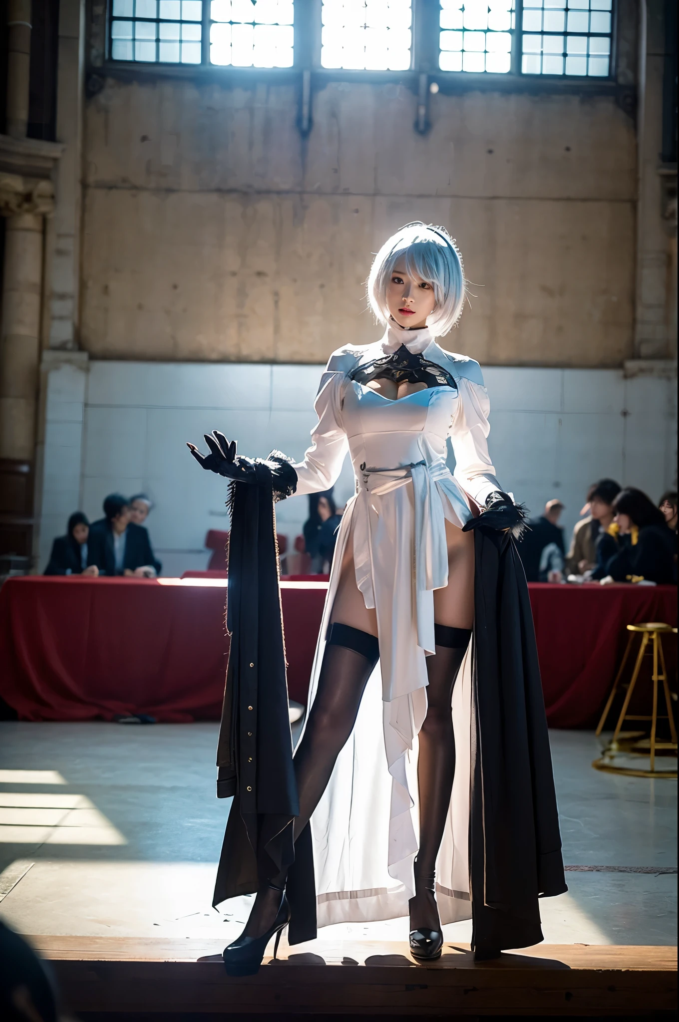 nier:Beautiful cosplay of 2B from Automata、A woman cosplaying as 2B、White skin、tall、21 years old、Englishman、nier:2B&#39;s black costume from Automata、Light background、Fantasyな教会を背景に、Standing tall in the middle of the church、Shooting from a diagonal angle、masterpiece、highest quality、high resolution、Fantasy、Glare、Anime Cosplay Makeup、Real Cosplay Photo、Cool photos、Full body portrait、handsome pose、Wrapped in the pale glow of the morning sun、like、happiness、Kindness、Smoothly rendered