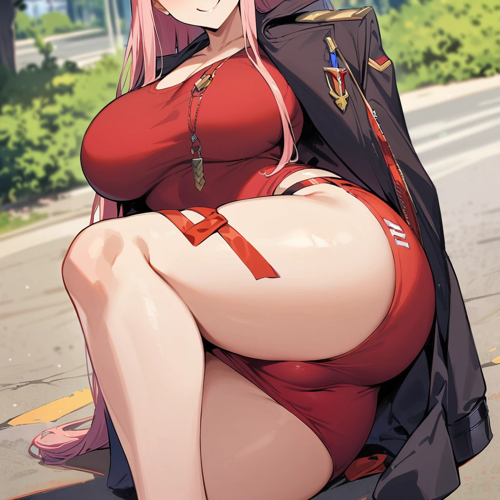 (masterpiece, best quality:1.2), 1girl, solo,
long hair, Zero two, falda corta, playera negra corta, muslos grandes, pechos grandes, muslos grandes, medias