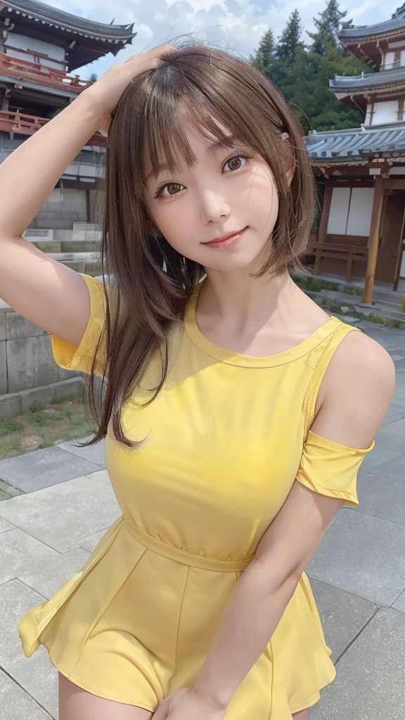 (8k, RAW Photo, Best Quality, Masterpiece: 1.3), breakone girl, (a beauty girl, delicate girl:1.3), (21 years old:1.5), break, (Yellow short-sleeved dress:1.5), break, Extremely fine grain definition, (Symmetrical eyes:1.3), break, (Small breasts:1.3), Brown eyes, Parted bangs, Brown Hair, girl, break, (Eye and facial details:1.3),break,Smiling face,With Hasedera Temple in the background,With Hasedera Temple in the background,With Hasedera Temple in the background,With Hasedera Temple in the background,(Stretch both arms straight up:1.3)