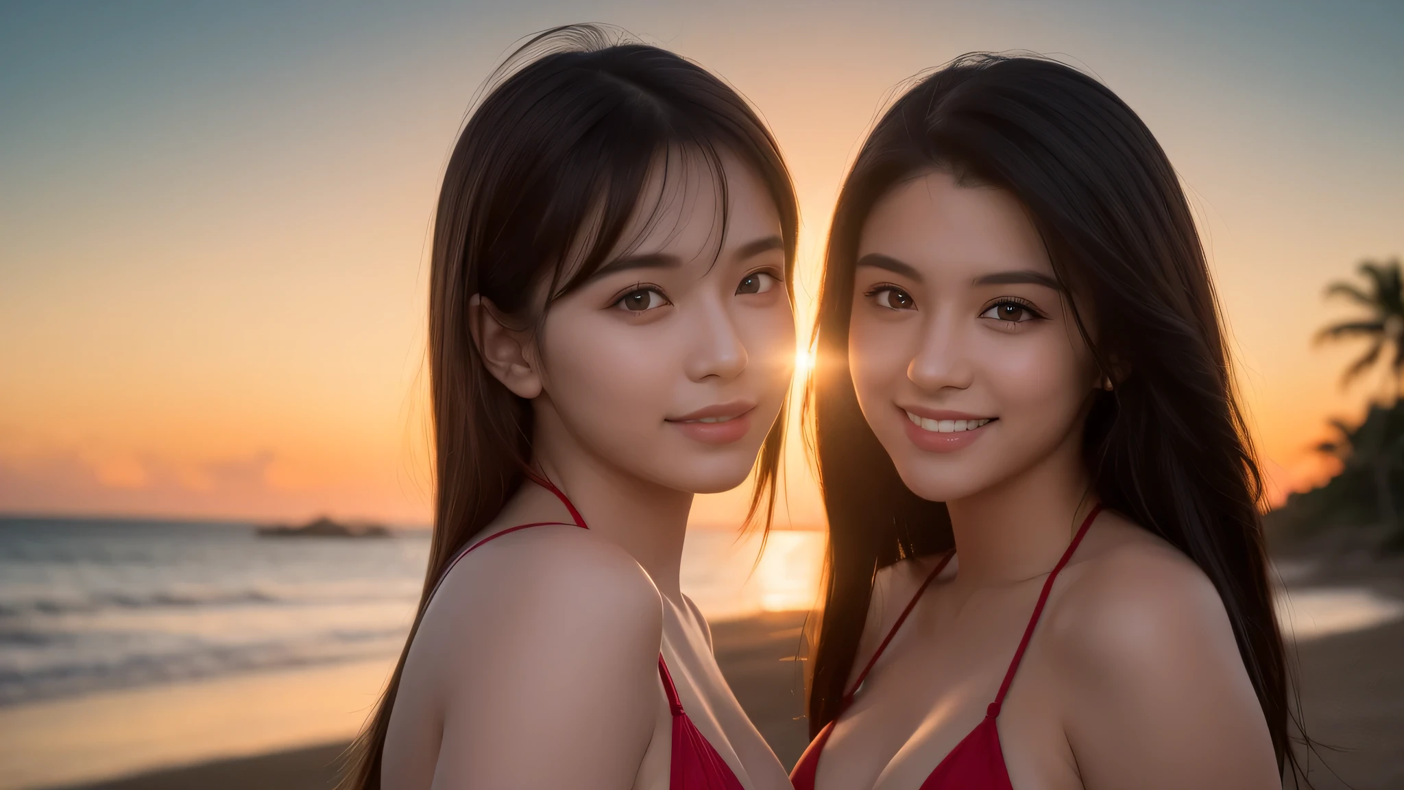 (2girl), enchanting smile, (extremely detailed beautiful face), (highly detailed eyes, highly detailed face), (bikini), Fresh, very clean appearance, (best Quality:1.4), (hyper-realistic, hight resolution), Professional Photography, beach, palm trees, standing, Outdoors, (beach), beautiful sunset sky, backlit, silhouette, (Evening sky dyed red:1.4), Close up portrait of girl, staring at me,