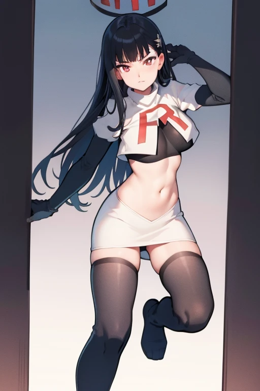 Rio, blue archive, black hair, halo halo, red eyes, face focus, mature female, large breast, head focus,team rocket,team rocket uniform,white skirt,red letter R,crop top,black thigh-highs,black elbow gloves