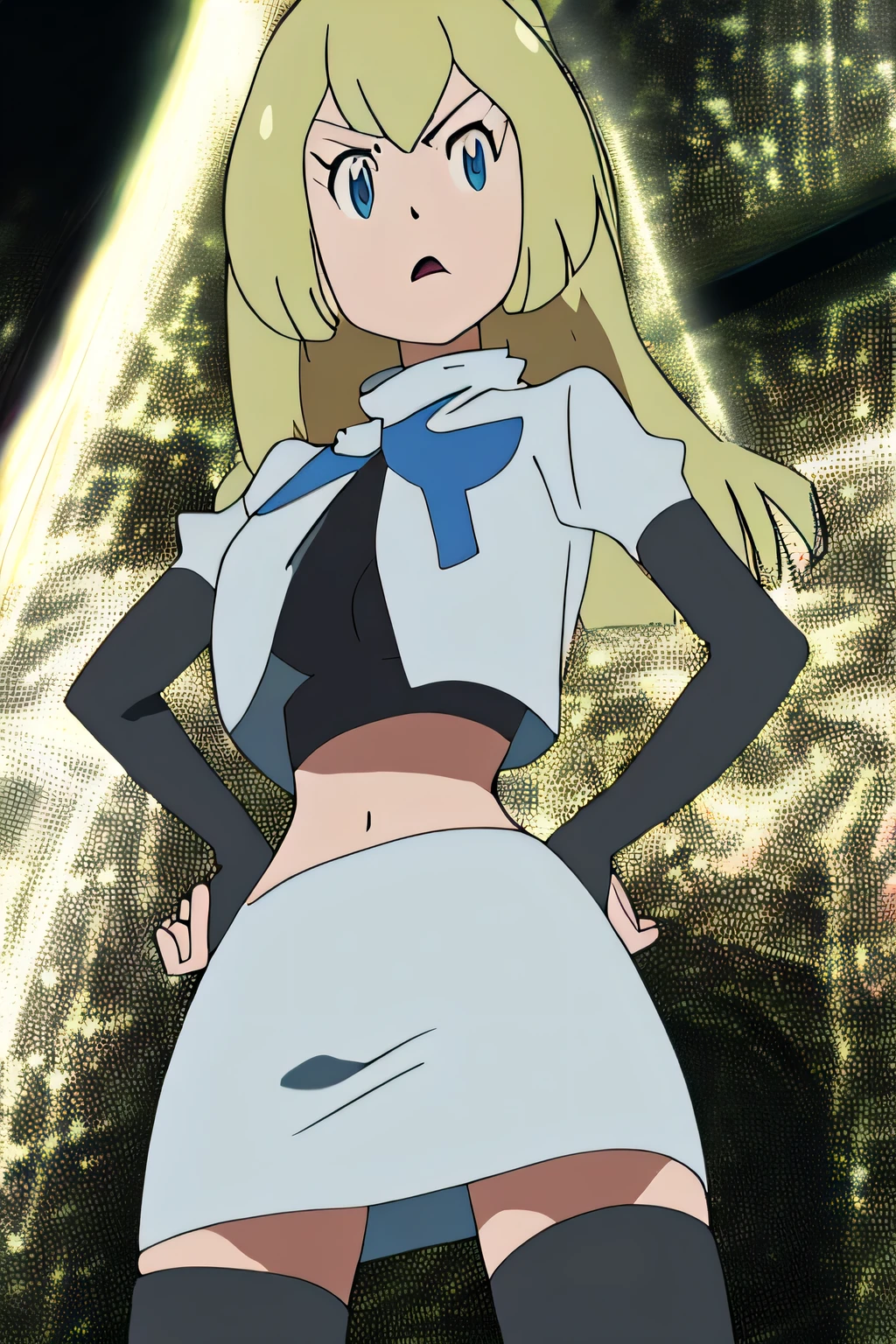 masterpiece,best quality,highres,high quality,colette brunel, very large breasts,8k, masterpiece,highres,team rocket uniform, red letter r, white skirt,white crop top,black thigh-high boots, black elbow gloves, glaring angrily, looking down at viewer, hands on hips, cowboy shot, zettai ryouiki,from below, black panties,anime style, vivid colors, sharp focus, intense lighting,