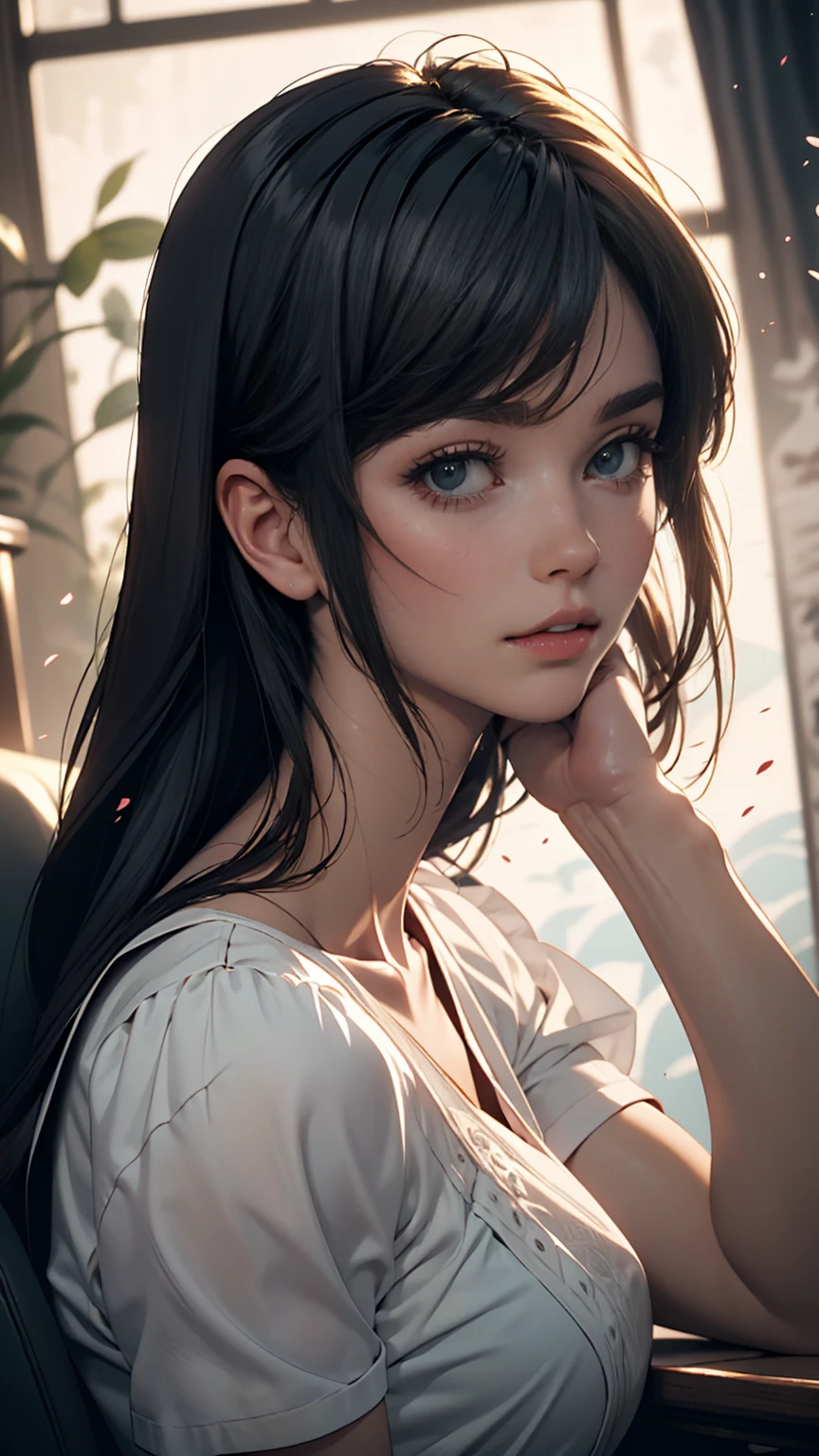 (anime),(cute)(masterpiece), (highest quality),One girl,Upper Body,(Double Exposure:1.2),(Simple Background:1), (movie angle),(Dynamic Angle),Disheveled long hair,(Low contrast),(Flat Color:0.7)