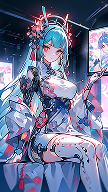 1 girl, chinese_clothes, in white and pink, cyberhanfu, Cheongsam, cyberpunk city, dynamic pose, Headdress, hair ornament, long hair, cyberpunk, a high-tech city, full of machinery and futuristic element, futurism, technology, aqua hair, divine goddess, huge breasts, queen, lace, lace trim, pearl necklace, gold, jewelry, tiara, neon, diamonds, looking at viewer, epic, grand curtains, indoors, sit on sofa