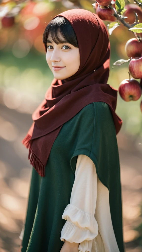 lens 135mm f1.8,(masterpiece, best quality:1.2), (raw photo),
dappled sunlight, dramatic lighting,
(beautiful 23yo turkey girl),
(chiseled face:0.7), (freckles:0.6),
(shame smile:0.8),
(flat bangs:0.8),
(short-cut:1.2) semi-buzzcut red color hair, flutter in the wind,
(dark green oversized poncho),
(dark red color Tunic), (dark red color pleated hijab),
(at the apple orchard),